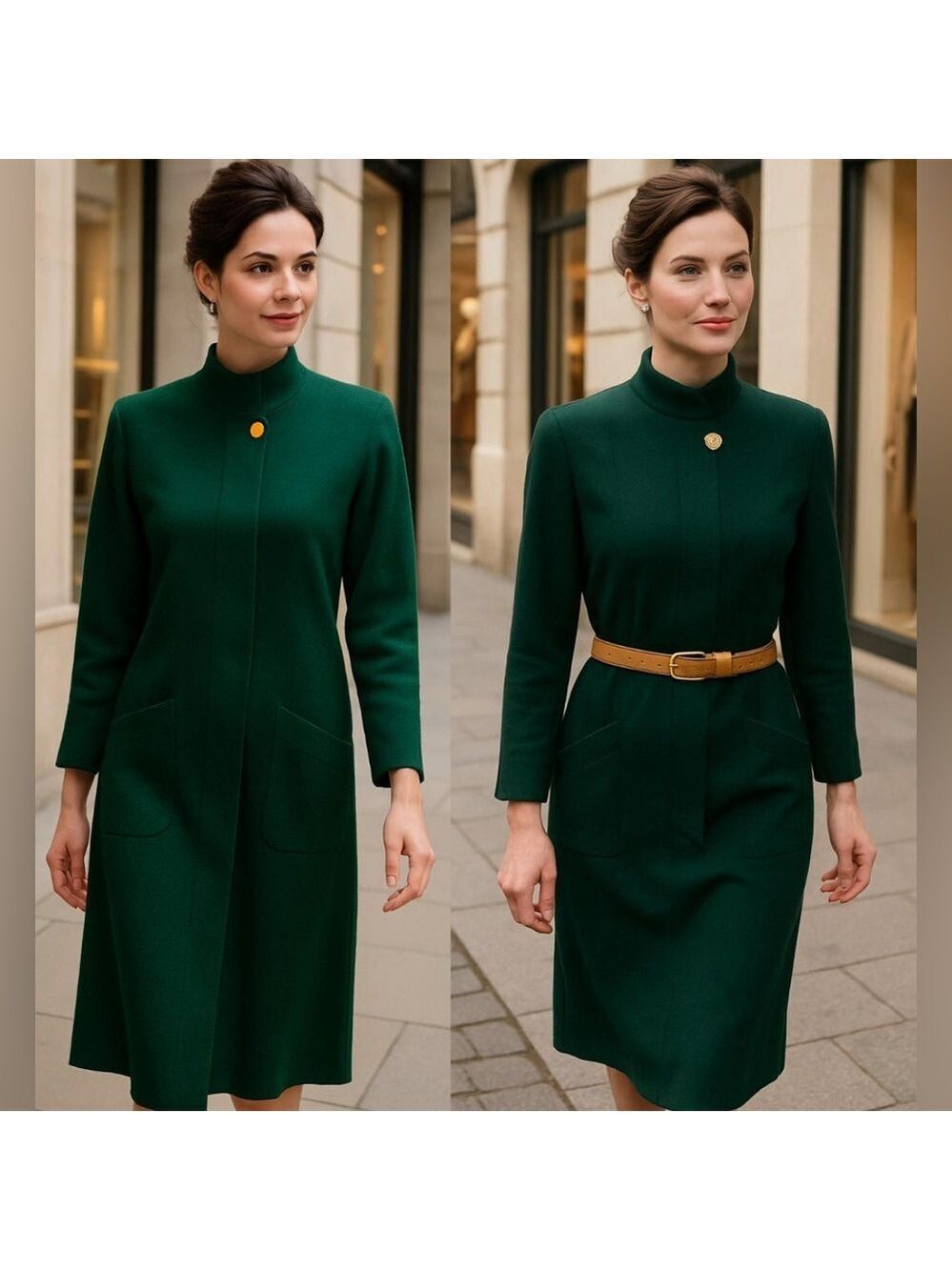 70s GILLAN WOOL DK GREEN QUIET LUXURY MIDI DRESS W DECORATIVE GOLD BUTTON SZ 4
